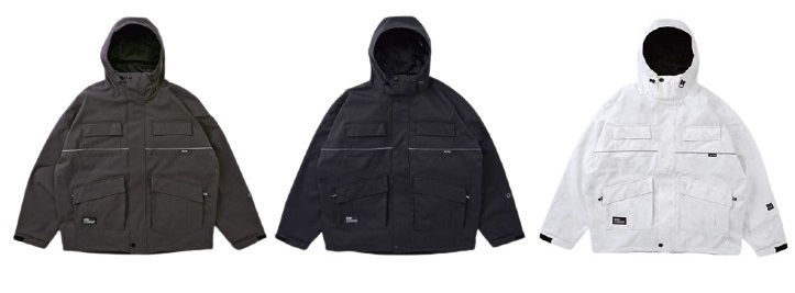 Three hooded jackets in brown, black, and white, each with multiple front pockets and a zippered front closure (informational product image).