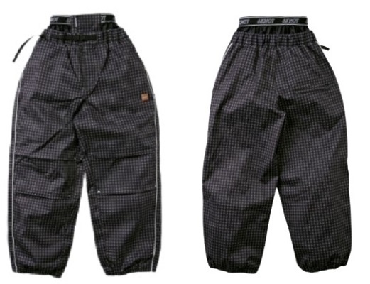 Front and back views of black checkered windbreaker pants with elastic waistband, drawstrings, zip cuffs, and a small cargo pocket.