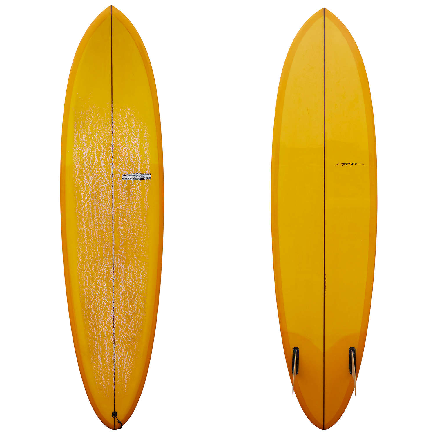 YU-SURF-CLASSIC-Arcana_6 - SHOP NEWS | ムラサキスポーツオンラインストア 通販 Two yellow surfboards standing upright against a white background; one has wax on its deck.