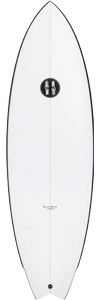 image - SHOP NEWS | ムラサキスポーツオンラインストア 通販 White surfboard with a central wood stringer, pointed nose and rounded tail, featuring a small black circular logo midboard.