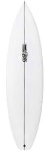 image - SHOP NEWS | ムラサキスポーツオンラインストア 通販 Top view of a white surfboard with a central stringer and a small leash plug midway along the board