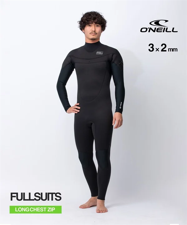 Man wearing a black O'Neill fullsuit with long chest zip stands with hands on hips; logo and 3x2mm text visible on the right side of the image.