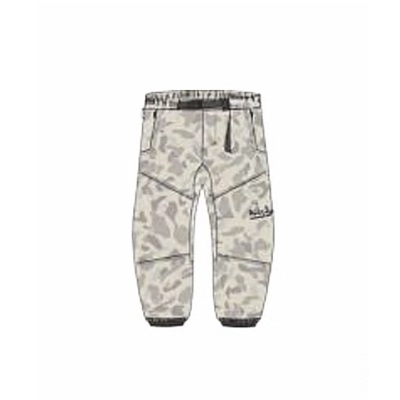 Beige camouflage jogger pants with zipper pockets and elastic cuffs at the ankles