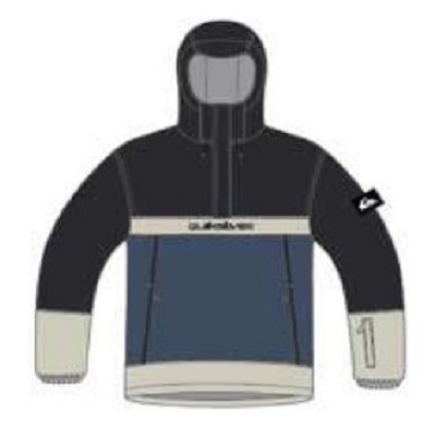 Illustration of a hooded jacket with a blue torso, dark sleeves, and beige cuffs and hem