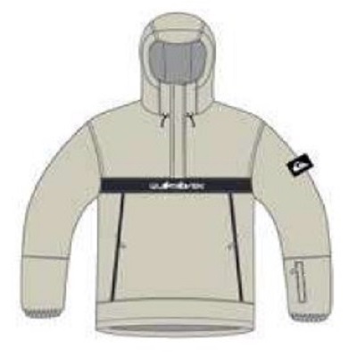 Beige hooded puffer jacket with zip front, two side pockets, and a black chest stripe; logo patch on left sleeve.