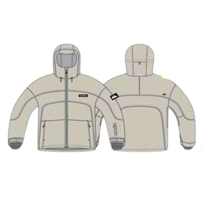 Beige padded hooded jacket shown from front and back, featuring a full zipper, zip pockets, and seam detailing.