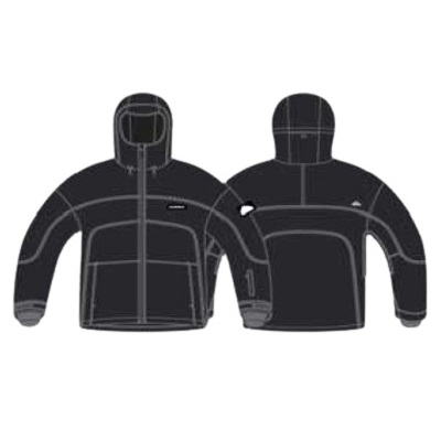 Black insulated hooded jacket shown from the front and back, with white stitching detail.