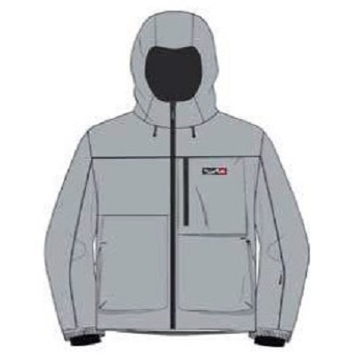 Gray hooded jacket with front zipper and multiple pockets (outerwear).