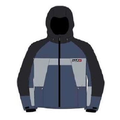 Color-blocked hooded jacket in navy and gray with black sleeves and a front zipper, hood up.