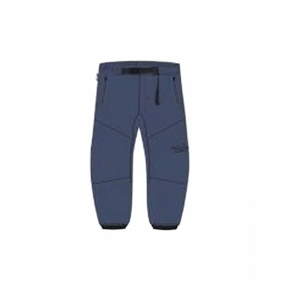 Blue outdoor pants with zippered pockets and reinforced knees on a white background ground-level shot, product image.