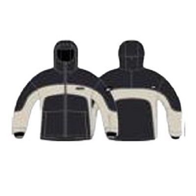 Hooded black and beige winter jacket shown from both front and back views.