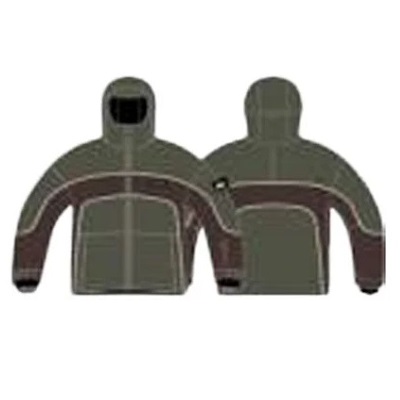 Front and back views of an olive-green insulated jacket with brown panels and a hood.
