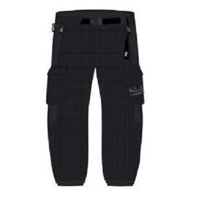 Black cargo pants with multiple front and side pockets, knee-length for outdoor use.