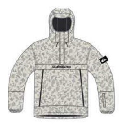 Camouflage-pattern hooded winter jacket with front pouch pockets and zip details, facing forward.