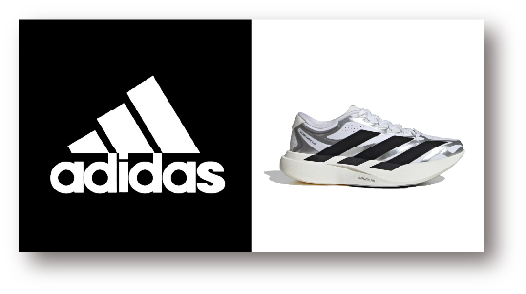 runad - SHOP NEWS | ムラサキスポーツオンラインストア 通販 Split-screen banner: left black panel with white Adidas logo; right white panel shows a silver-gray Adidas sneaker with black stripes on a white background.