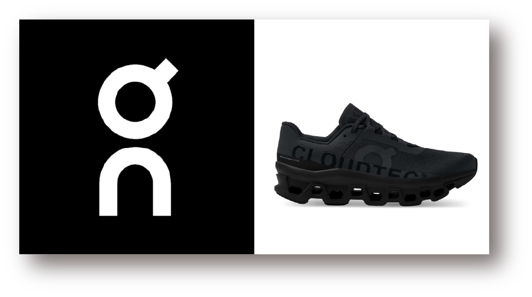 runon - SHOP NEWS | ムラサキスポーツオンラインストア 通販 Split-screen product image: On brand logo on a black panel on the left and a black running shoe on a white background on the right.
