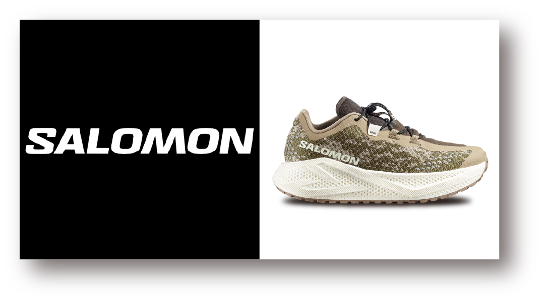 runsa - SHOP NEWS | ムラサキスポーツオンラインストア 通販 Split image: left panel is black with bold white 'SALOMON' logo; right panel shows an olive-green Salomon trail running shoe with a chunky off-white sole on a white background.