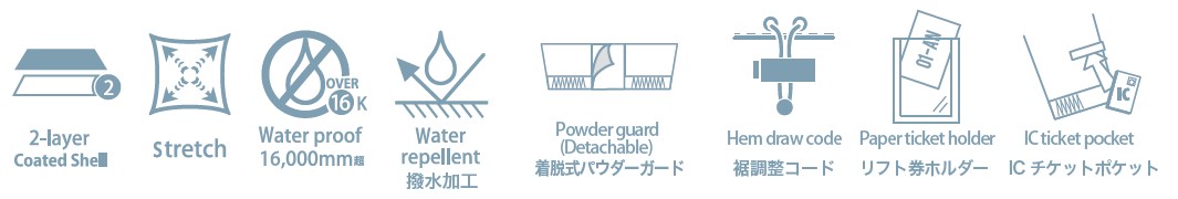 Row of feature icons: 2-layer coated shell, stretch fabric, waterproof 16,000 mm, water-repellent coating, detachable powder guard, hem drawcord, paper ticket holder, and IC ticket pocket.
