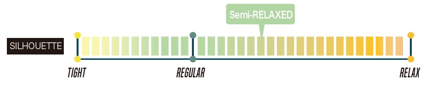 Scale showing silhouette fit from Tight to Relax with a marker at Regular and a Semi-Relaxed label above the gradient.