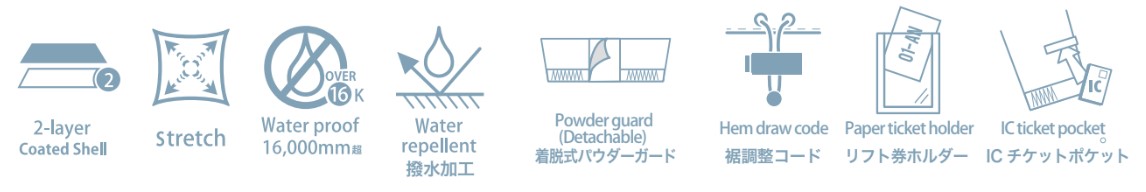 Eight blue feature icons: 2-layer coated shell; stretch; waterproof 16,000 mm; water-repellent finishing; detachable powder guard; hem draw code; paper ticket holder; IC ticket pocket.
