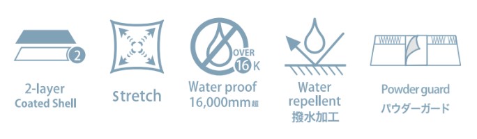 Fabric feature icons: 2-layer coated shell, stretch, 16,000 mm waterproof, water-repellent, and powder guard.