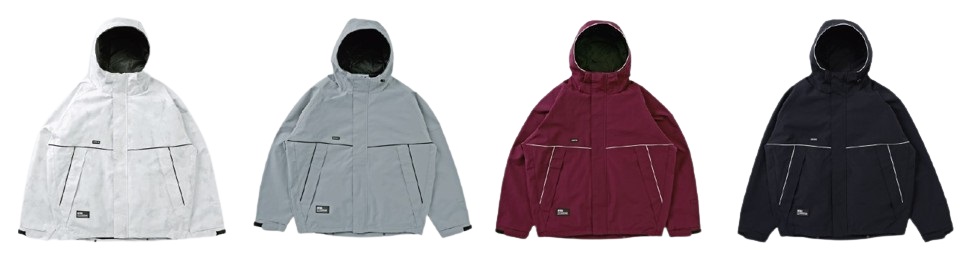 Set of four hooded windbreaker jackets in white, light gray, burgundy, and black with front zip pockets and seam detailing.