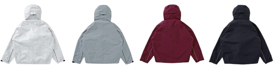 Back view of four hooded jackets in white, light gray, burgundy, and navy lined up in a row.