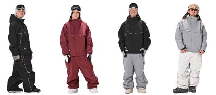 Four people modeling full-body snowsuits in black, burgundy, dark gray, and light gray with gloves and goggles on head.