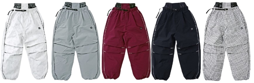 White cargo pants with a black belt and multiple pockets and knee seams (informative image)