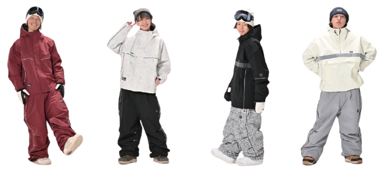 Four models wearing winter ski outfits in red, white, black, and cream. Each person poses in full snow gear, goggles, and boots.