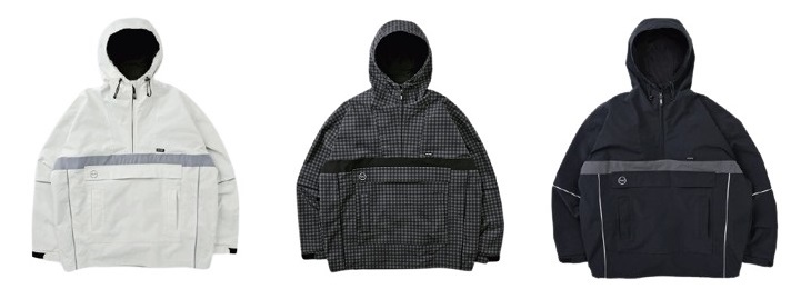 Three hooded jackets in white, dark checkered gray, and navy, each with a horizontal reflective stripe across the chest on a white studio background.
