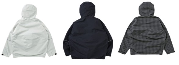 Back view of three hooded jackets: light gray, navy, and gray checkered, arranged in a row