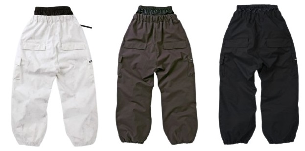 Three cargo pants in white, olive/brown, and black displayed side by side with back pockets and elastic cuffs on a white background.