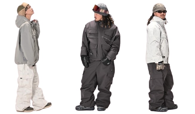 Three people wearing full snowboarding outfits in light gray, dark gray, and white with winter gear against a white background.