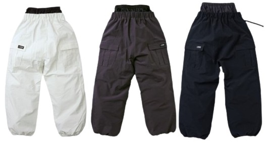 Three pairs of baggy cargo pants in white, brown, and navy with elastic waistbands and cargo pockets on the legs, displayed side by side.