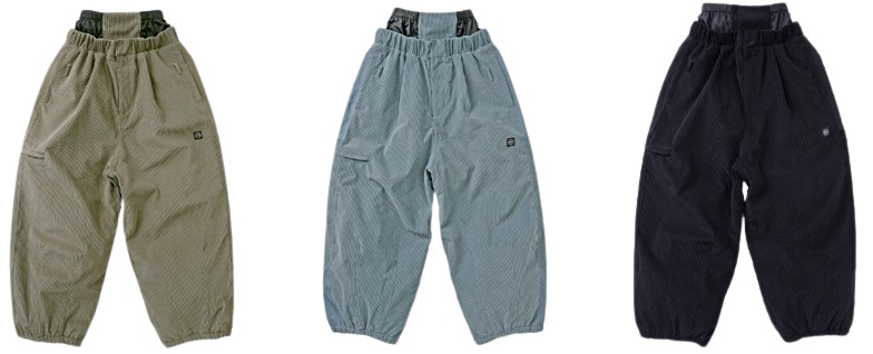 Three loose cargo pants in olive, light blue, and black, shown from the waist down on a white background.