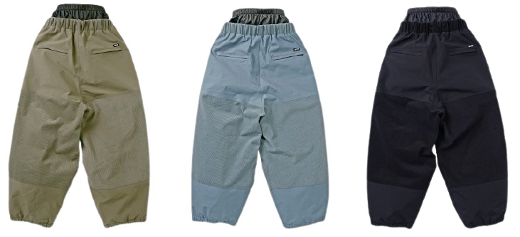 Set of three outdoor pants in olive, light blue, and navy, with elastic waist, zippered pockets, and reinforced knees.