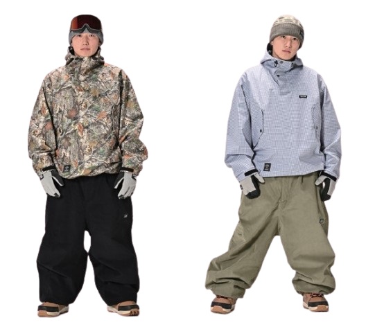 Two individuals in winter ski outfits: left in a camo jacket and black pants with gloves and goggles, right in a light checkered jacket and khaki pants with gloves and a beanie, both in snow boots.