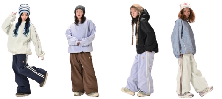 Group of four people modeling oversized streetwear outfits in pastel and neutral tones.