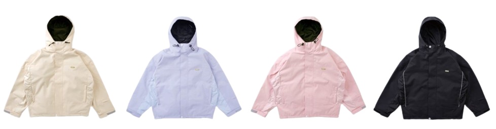 Row of four hooded jackets in beige, light blue, pink, and black shown from the front.