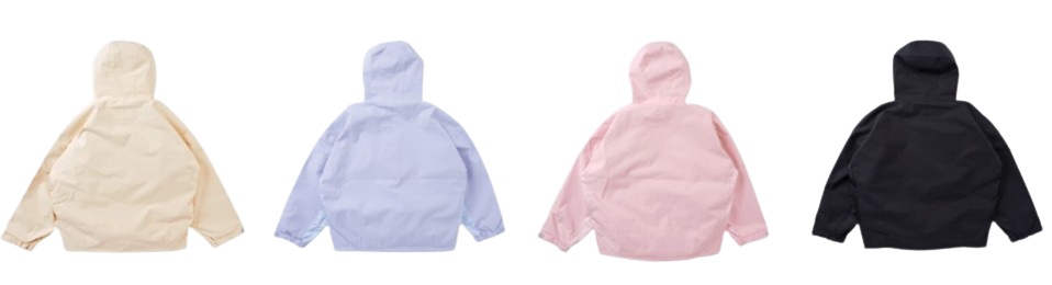Rear view of four hooded jackets in beige, light blue, pink, and black laid flat on a white background.
