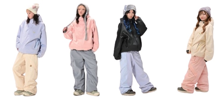 Four models wearing oversized winter snowsuits and beanies in pastel colors: lavender with beige pants, pink with gray pants, black with light blue pants, and cream with peach pants.
