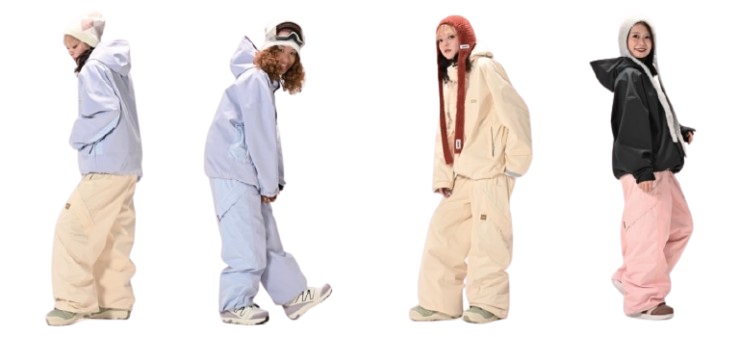 Four people in oversized pastel snowsuits posing in profile against a white background, left to right: light blue, lavender, beige with red hood, and pink/black outfits.