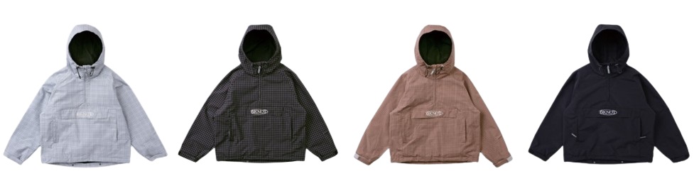 Set of four hooded windbreaker pullovers in blue, black check, brown, and navy lined up side by side, each with a front kangaroo pocket and hood.