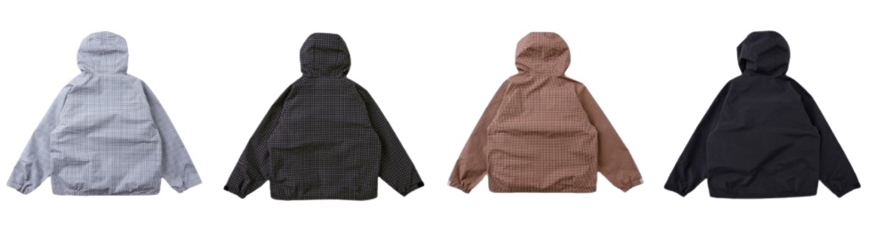 Row of four hooded jackets in different colors: light blue, black, brown, and dark navy, laid flat side by side.