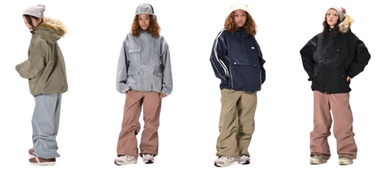 Four models wear winter snow outfits: olive parka with fur hood, light gray jacket with brown pants, navy jacket with khaki pants, and black jacket with pinkish-brown pants.