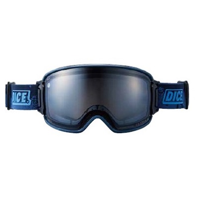 Protective ski or snowboard goggles with a dark mirrored lens and blue strap labeled 'DICE' on both sides