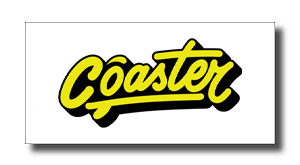 Coaster wordmark logo in yellow script with a black outline on a white background