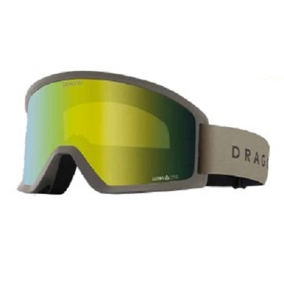 Dragon ski goggles with yellow-green mirrored lens, gray frame, and tan strap labeled 'DRAGON'.