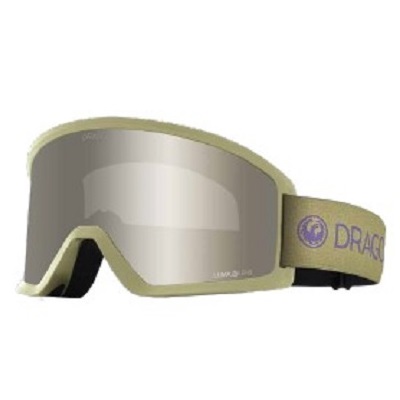 Dragon brand snow goggles with a tan frame and mirrored lens on a strap.